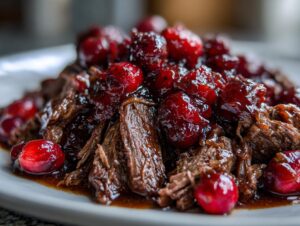 Close-up of shredded, rich brown cranberry pot roast topped with glossy, whole cooked cranberries.