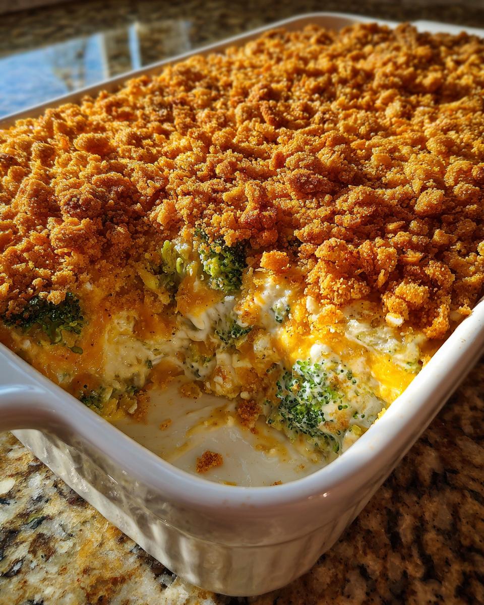 A creamy, baked broccoli casserole with bright green florets, melted cheddar cheese, and a thick, golden-brown crunchy topping.
