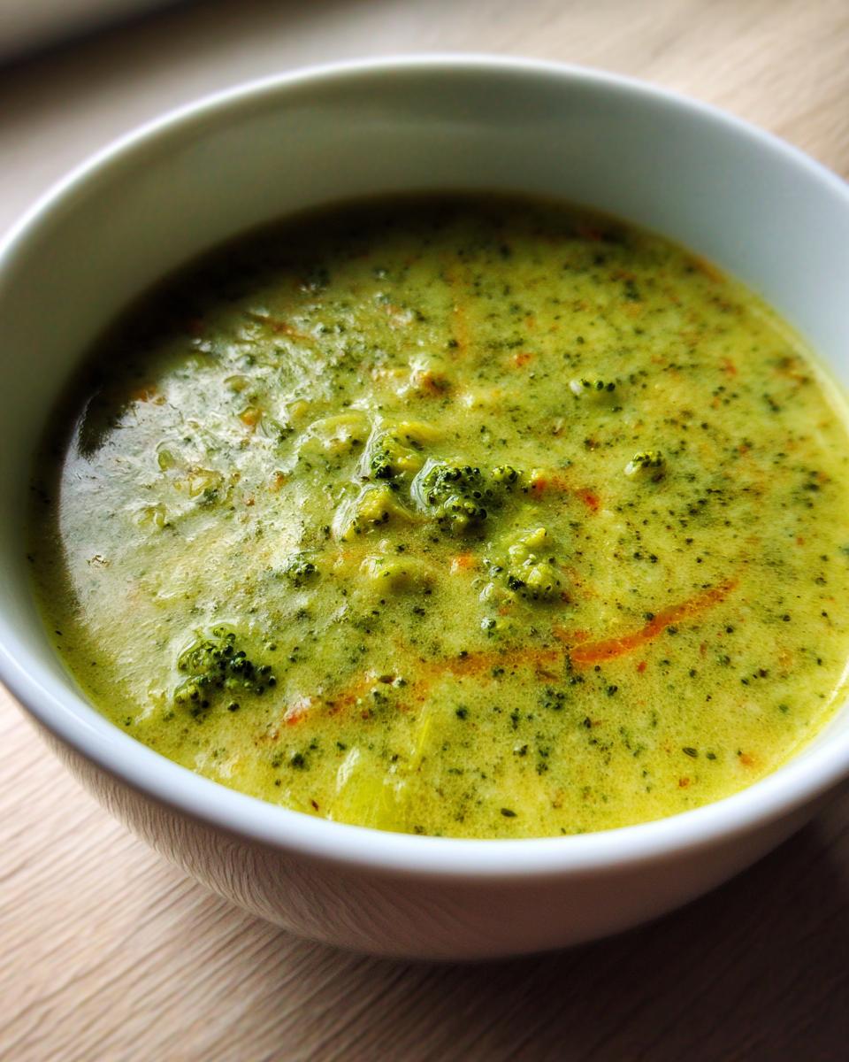 Close-up of a white bowl filled with creamy, vibrant green broccoli cheddar soup, showing chunks of broccoli.