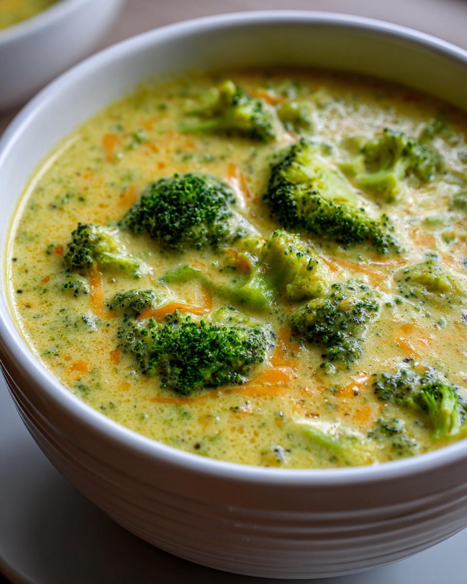 Close-up of a rich, creamy bowl of broccoli cheddar soup with visible florets and melted cheese.