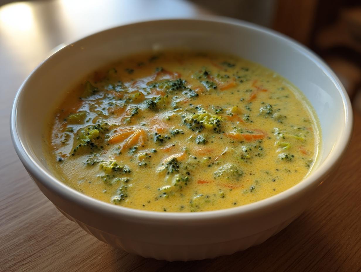 Close-up of a white bowl filled with creamy, bright yellow broccoli cheddar soup, featuring visible florets and shreds of carrot.