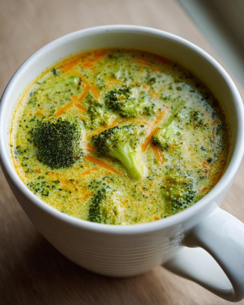Close-up of creamy, vibrant green broccoli cheddar soup topped with florets and shredded carrots in a white mug.