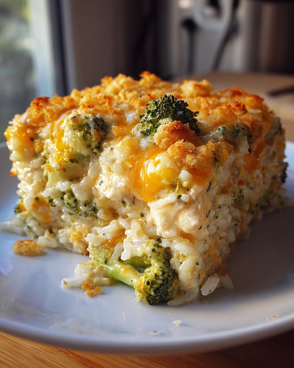 A square serving of creamy broccoli rice casserole topped with melted cheddar cheese and crunchy breadcrumbs.