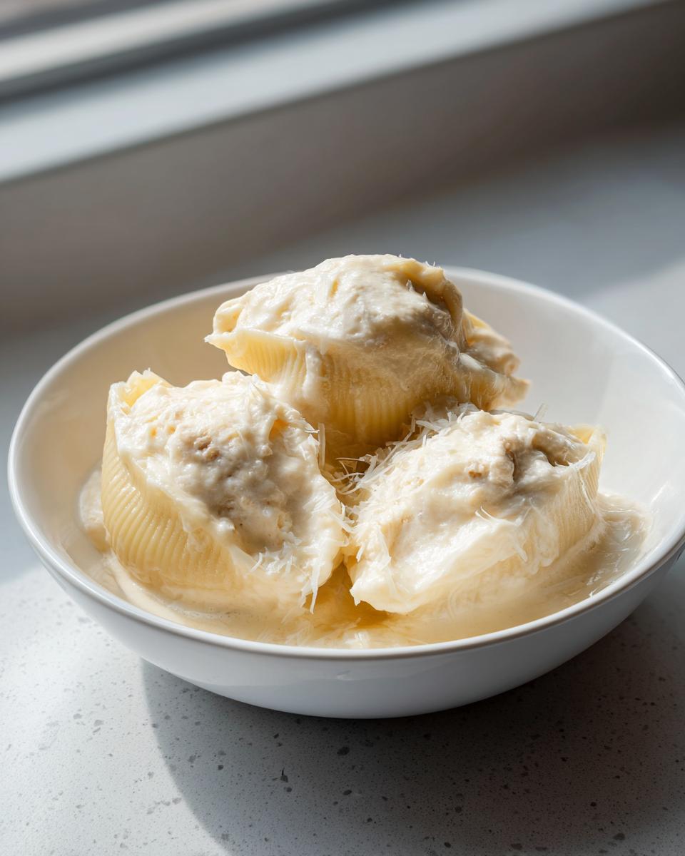 Three large pasta shells filled with creamy chicken alfredo stuffing, served in a white bowl.