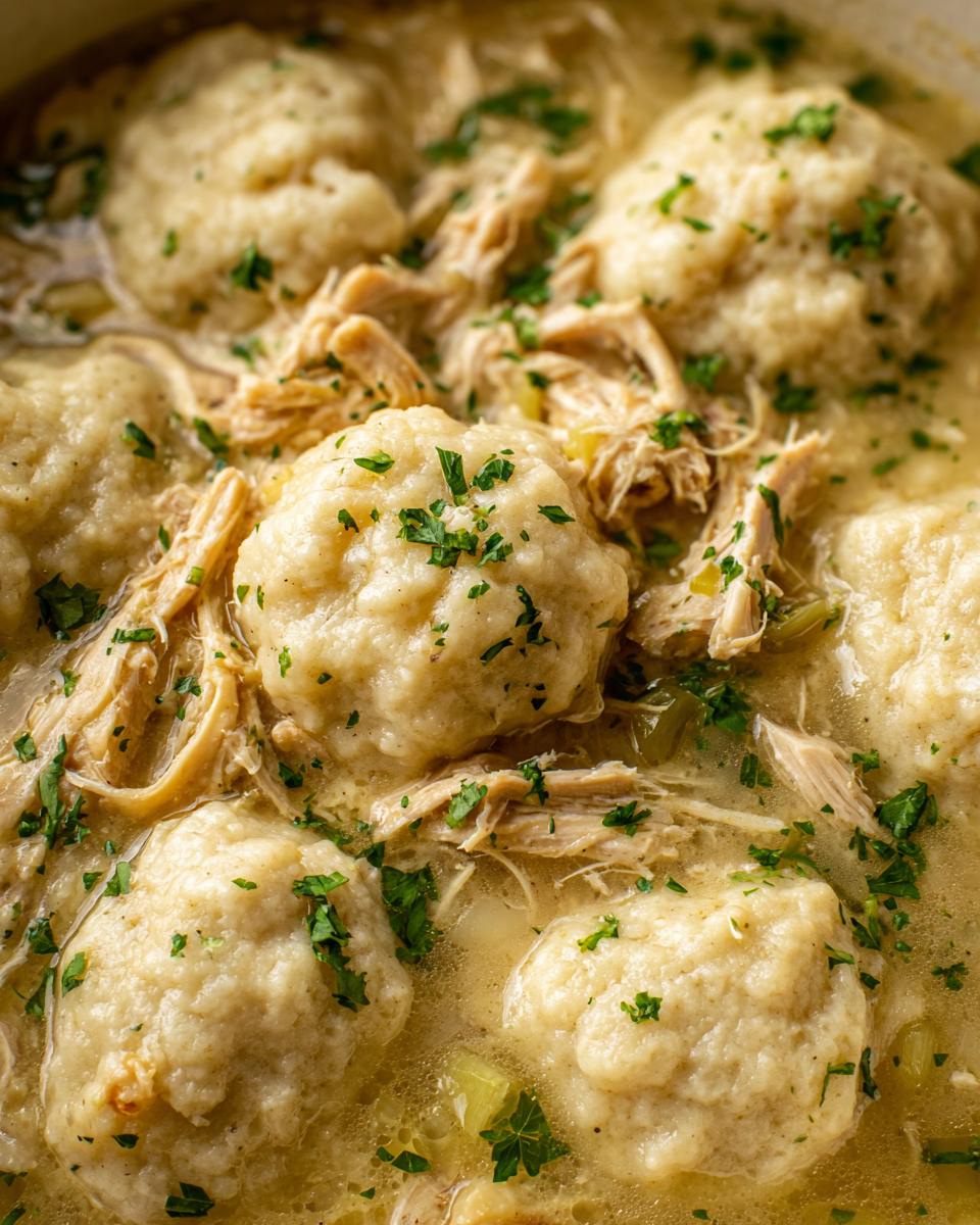 A close-up view of a rich stew featuring fluffy dumplings, shredded chicken, and a creamy broth, garnished with parsley, highlighting the chicken and dumpling dish.