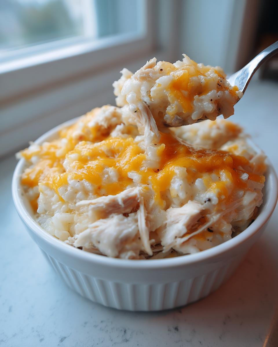 A spoonful of creamy chicken and rice casserole topped with melted cheddar cheese being lifted from a white bowl.