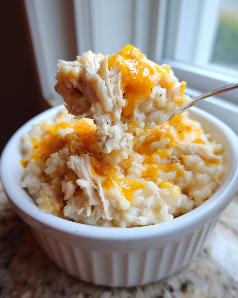 A spoonful of creamy chicken and rice casserole topped with melted cheddar cheese being lifted from a white ramekin.