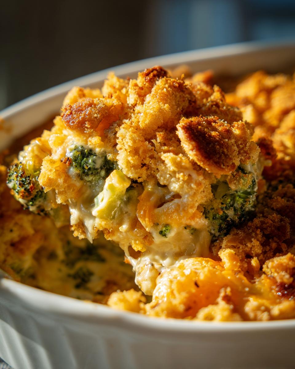 A spoonful of creamy chicken broccoli casserole lifted from a white dish, showing melted cheese and a golden brown topping.