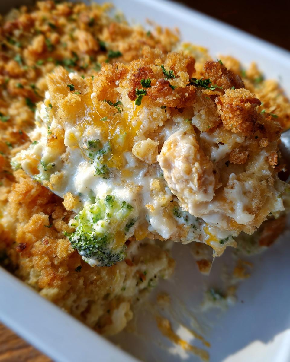 A close-up scoop of creamy chicken broccoli casserole featuring chunks of chicken, bright green broccoli, and a golden breadcrumb topping.