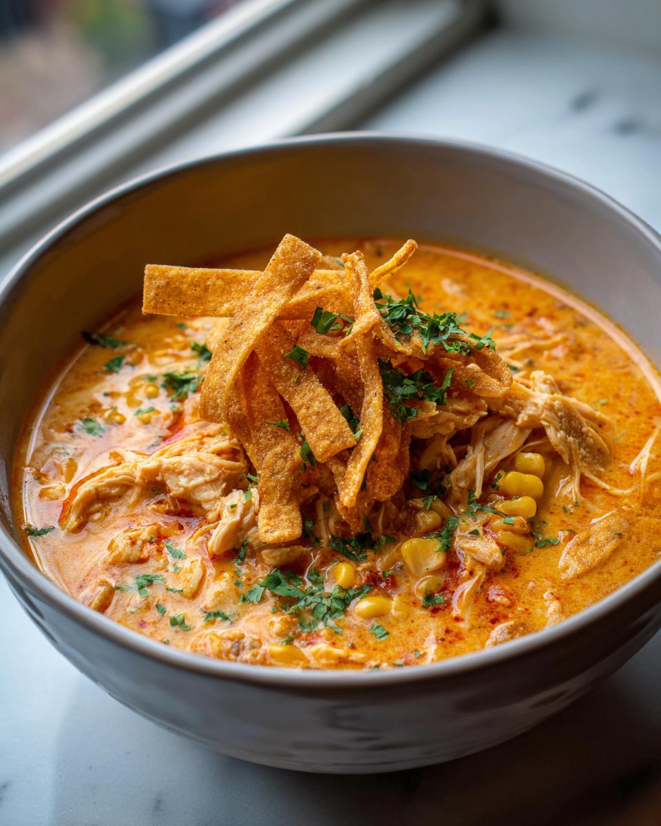Close-up of creamy chicken tortilla soup topped with crispy strips and cilantro.