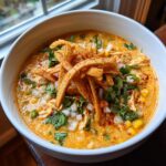Close-up of creamy chicken tortilla soup garnished with crispy tortilla strips, diced onions, and cilantro.