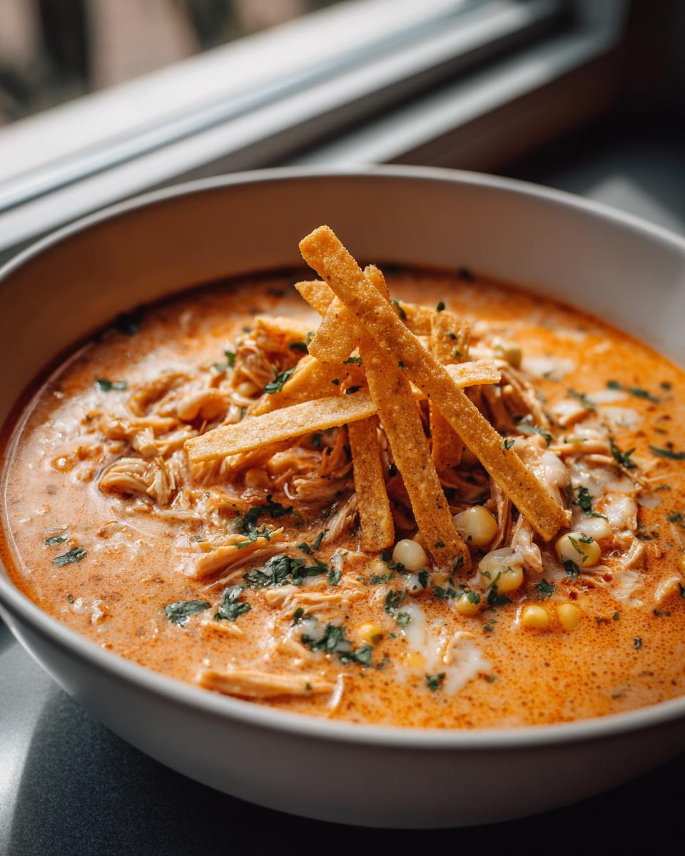 A close-up of creamy chicken tortilla soup topped with shredded chicken, corn, cilantro, and crispy tortilla strips.
