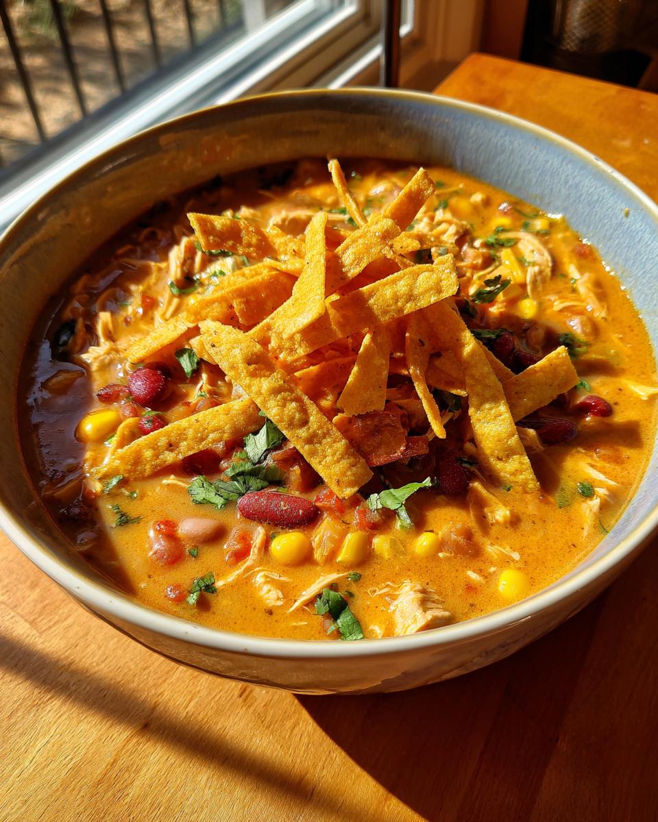 A close-up of creamy chicken tortilla soup garnished with crispy tortilla strips, corn, beans, and cilantro.