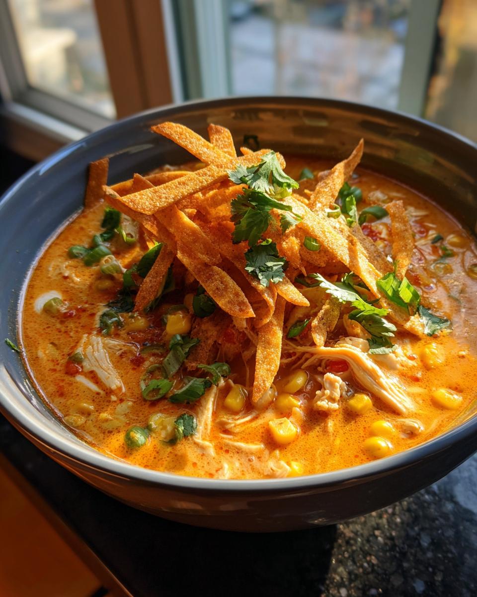 A close-up of creamy chicken tortilla soup topped with crispy tortilla strips, cilantro, and green onions.