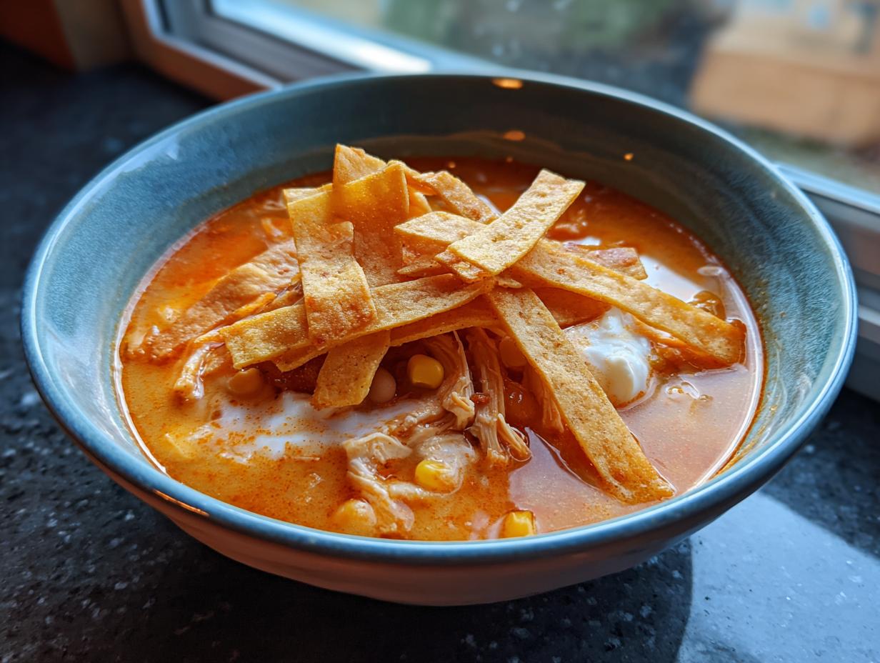 Close-up of creamy chicken tortilla soup topped with crispy tortilla strips and sour cream.