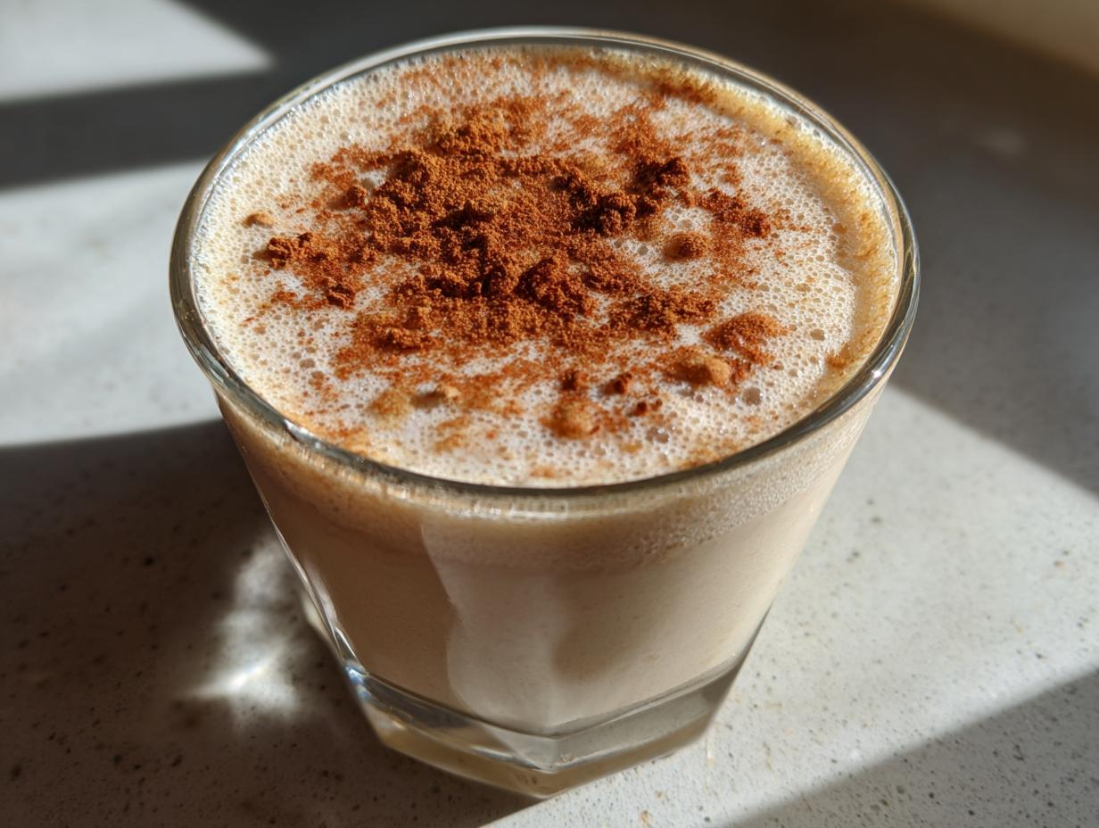 A close-up of a glass filled with creamy, frothy coquito, generously dusted with ground cinnamon.