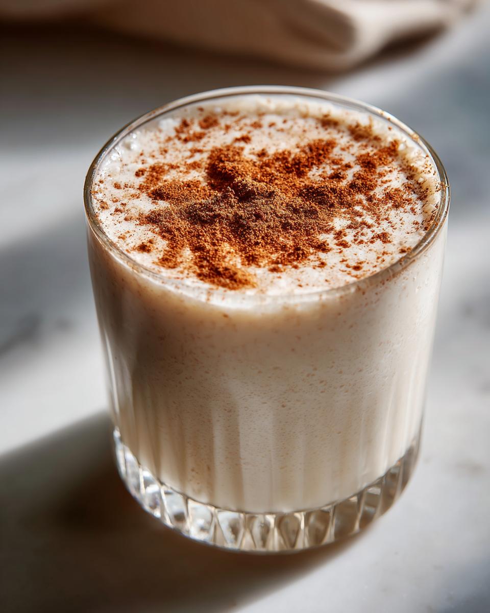 Close-up of a creamy glass of coquito topped generously with ground cinnamon.