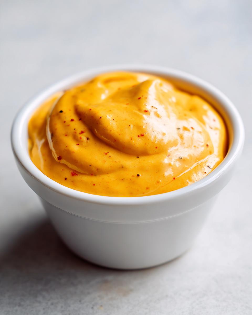 Close-up of smooth, vibrant orange cottage cheese queso with visible red pepper flakes in a small white bowl.
