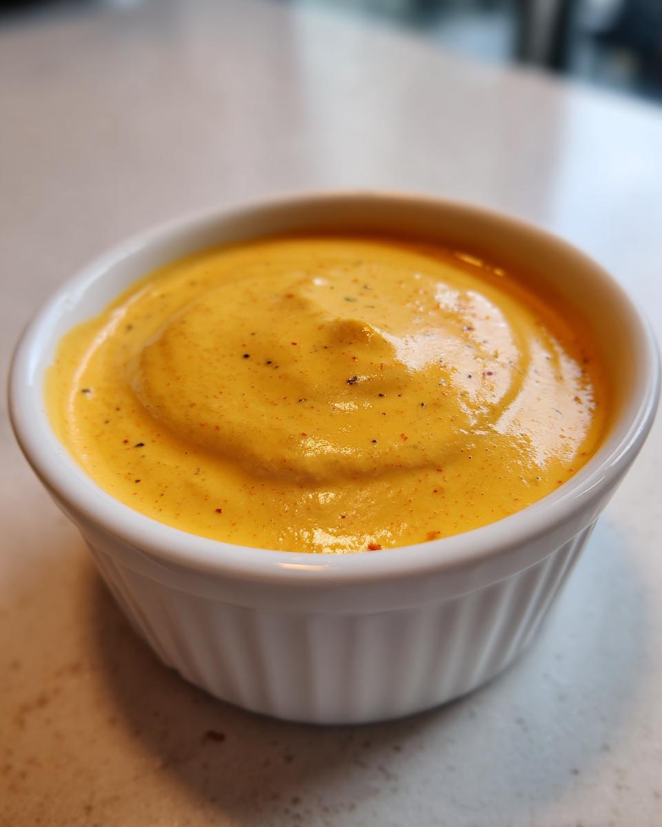 Close-up of smooth, bright orange cottage cheese queso seasoned with spices in a small white ramekin.