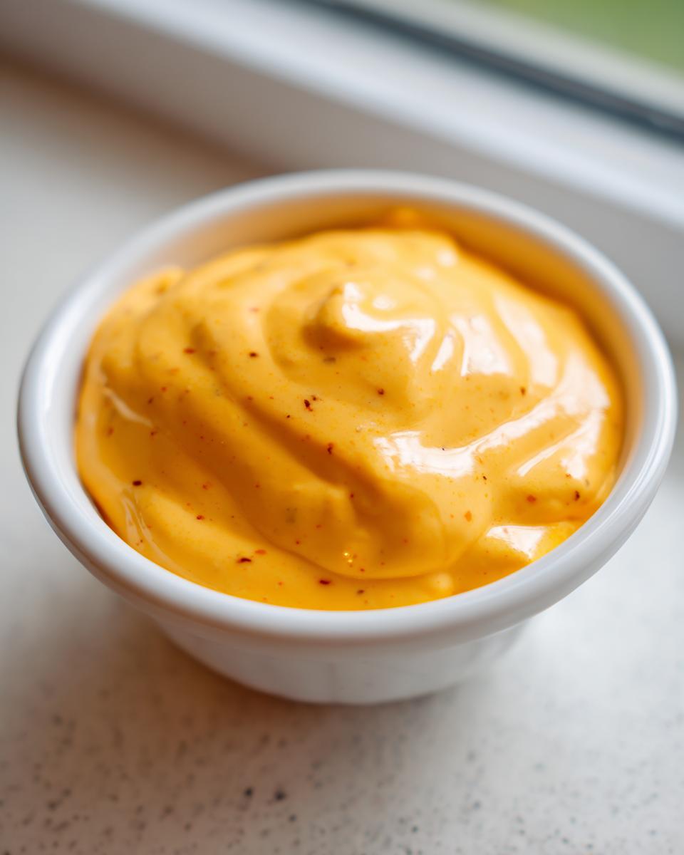 Close-up of smooth, bright orange cottage cheese queso with visible red spice flecks in a small white bowl.