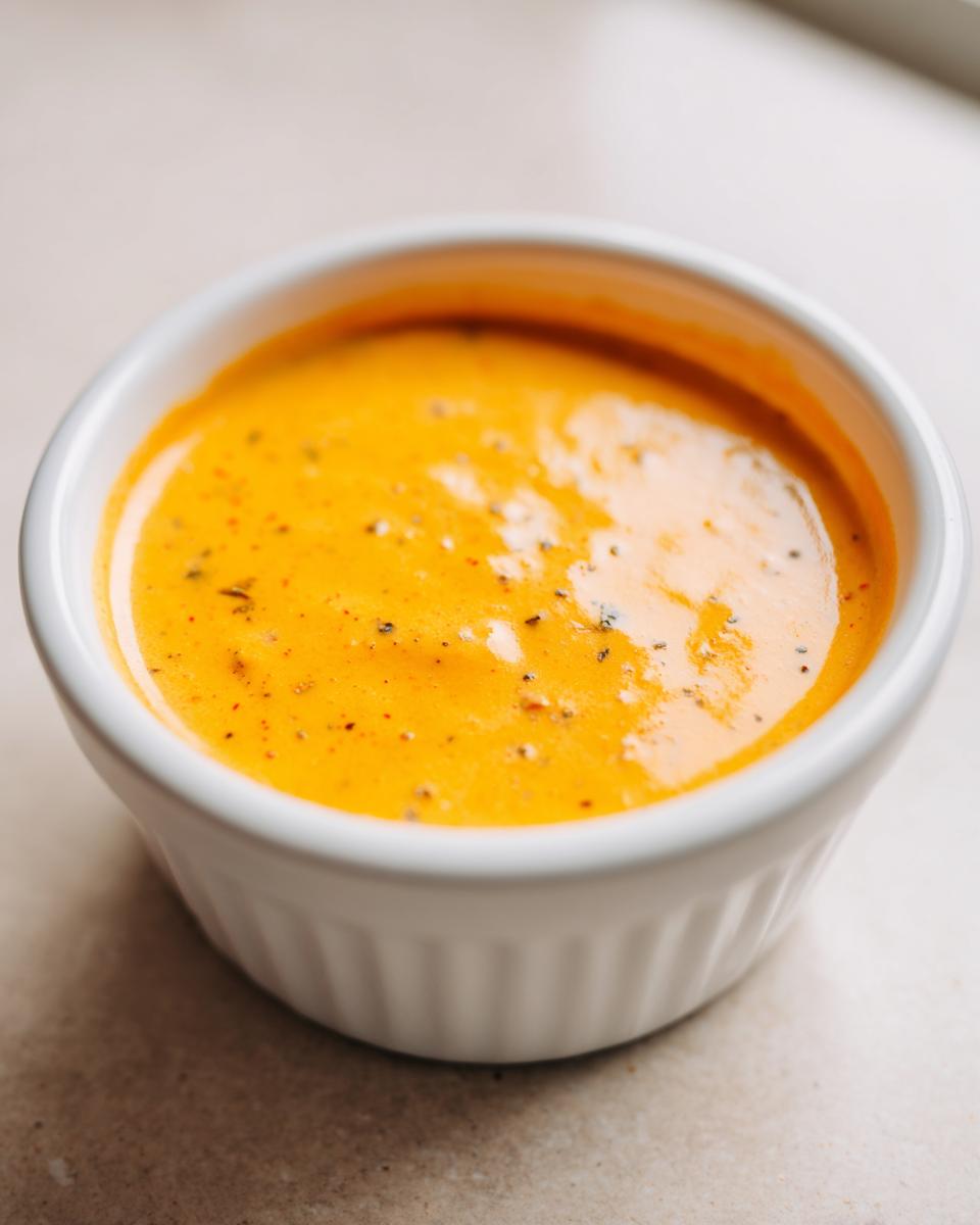 A close-up shot of bright orange, creamy cottage cheese queso dip seasoned with black pepper, served in a small white ramekin.