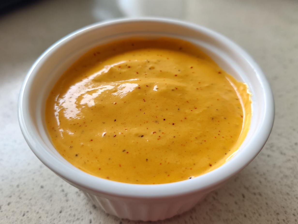 Close-up of smooth, orange cottage cheese queso dip speckled with spices in a small white bowl.