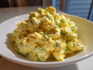 A close-up of creamy, yellow egg salad mixed with chopped celery and topped with fresh dill in a white bowl.