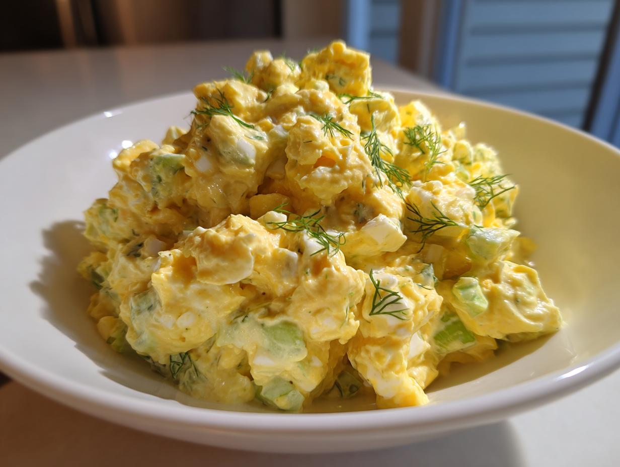 A close-up of creamy, yellow egg salad mixed with chopped celery and topped with fresh dill in a white bowl.