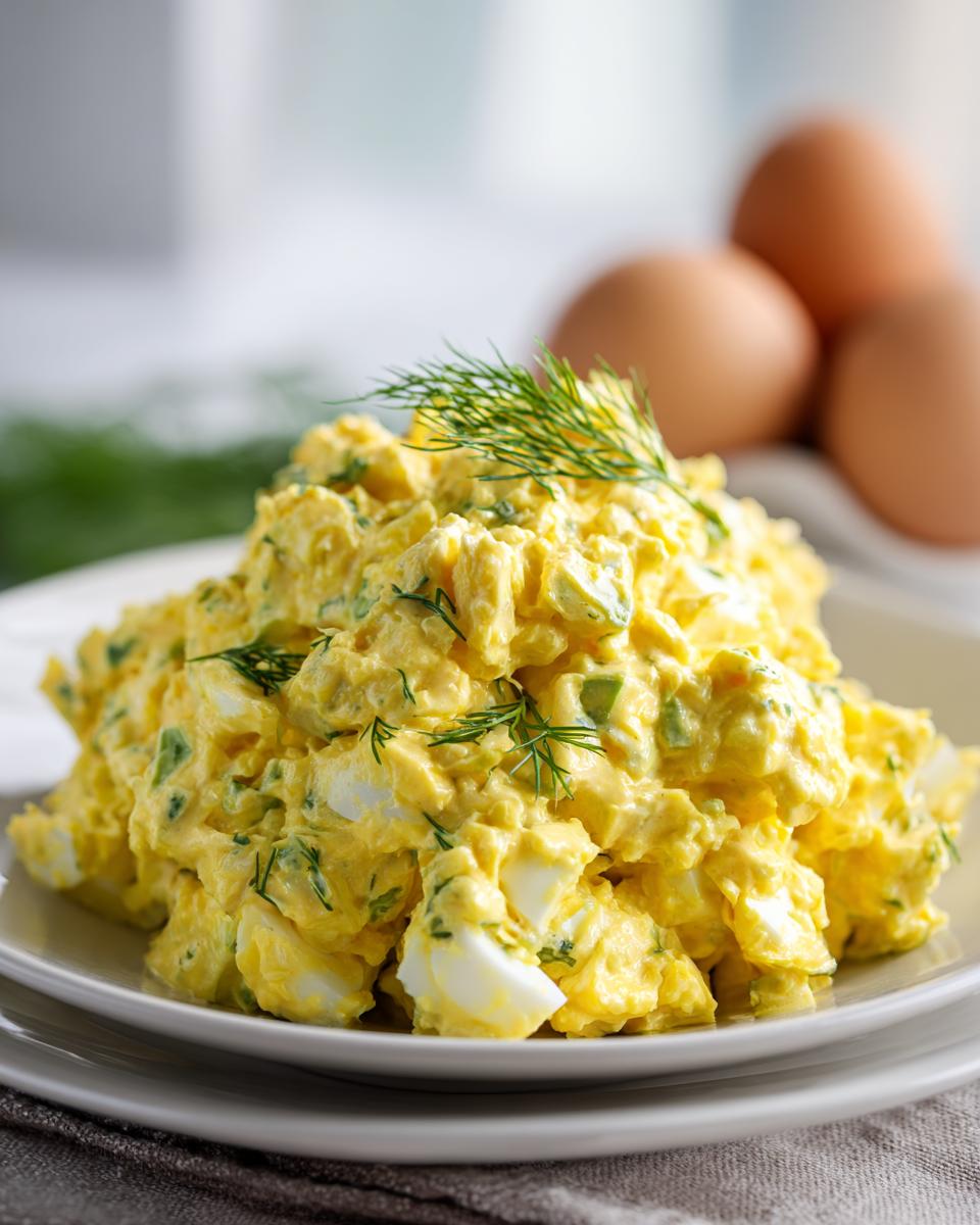 A mound of creamy, yellow egg salad garnished with fresh dill, with whole brown eggs blurred in the background.
