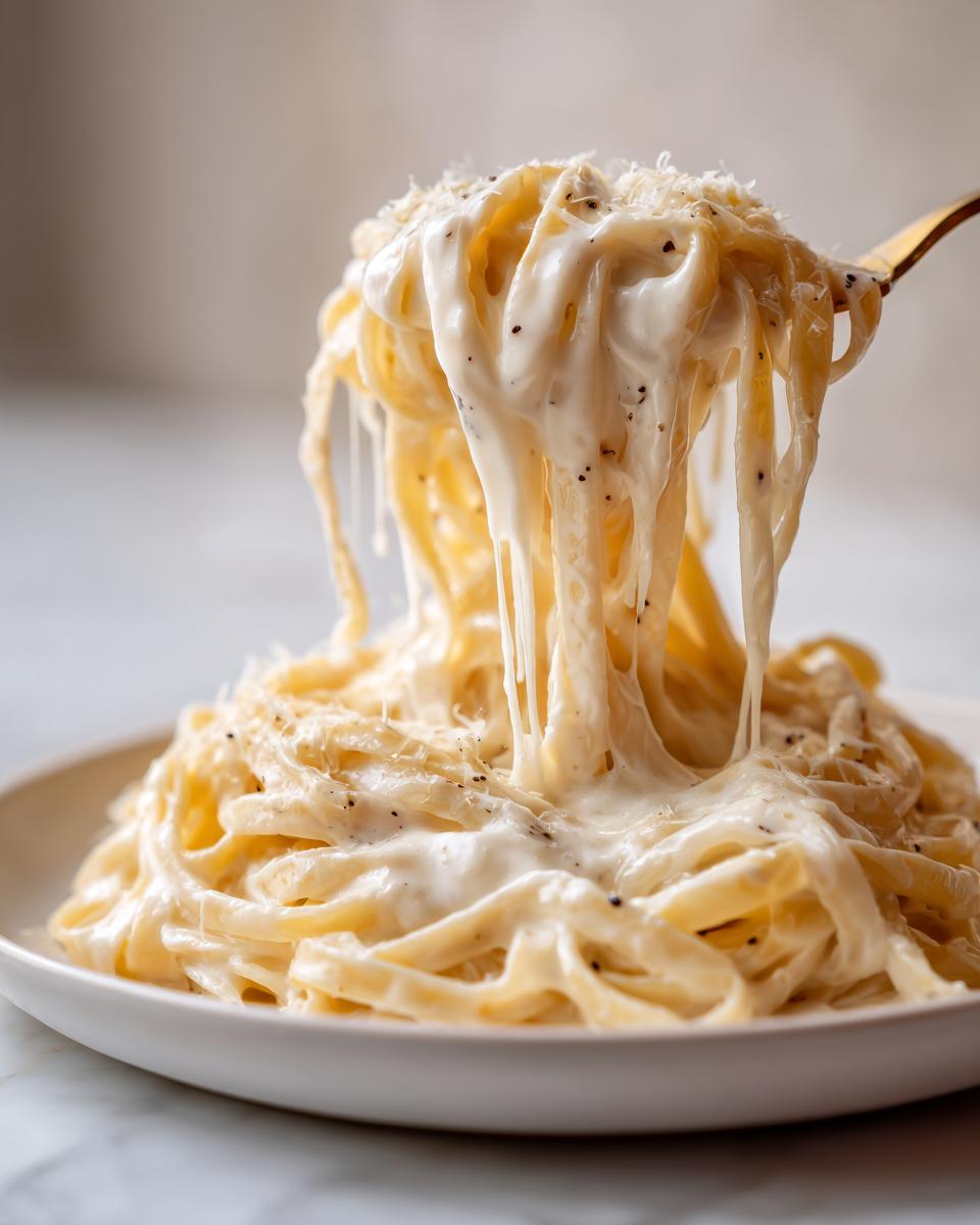 A fork lifting fettuccine heavily coated in rich, creamy homemade alfredo sauce, topped with black pepper and Parmesan.