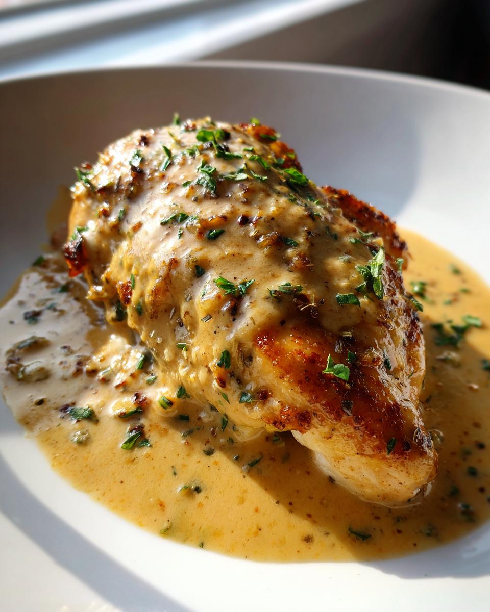 A beautifully seared chicken breast smothered in a rich, creamy lemon sauce and topped with fresh parsley.