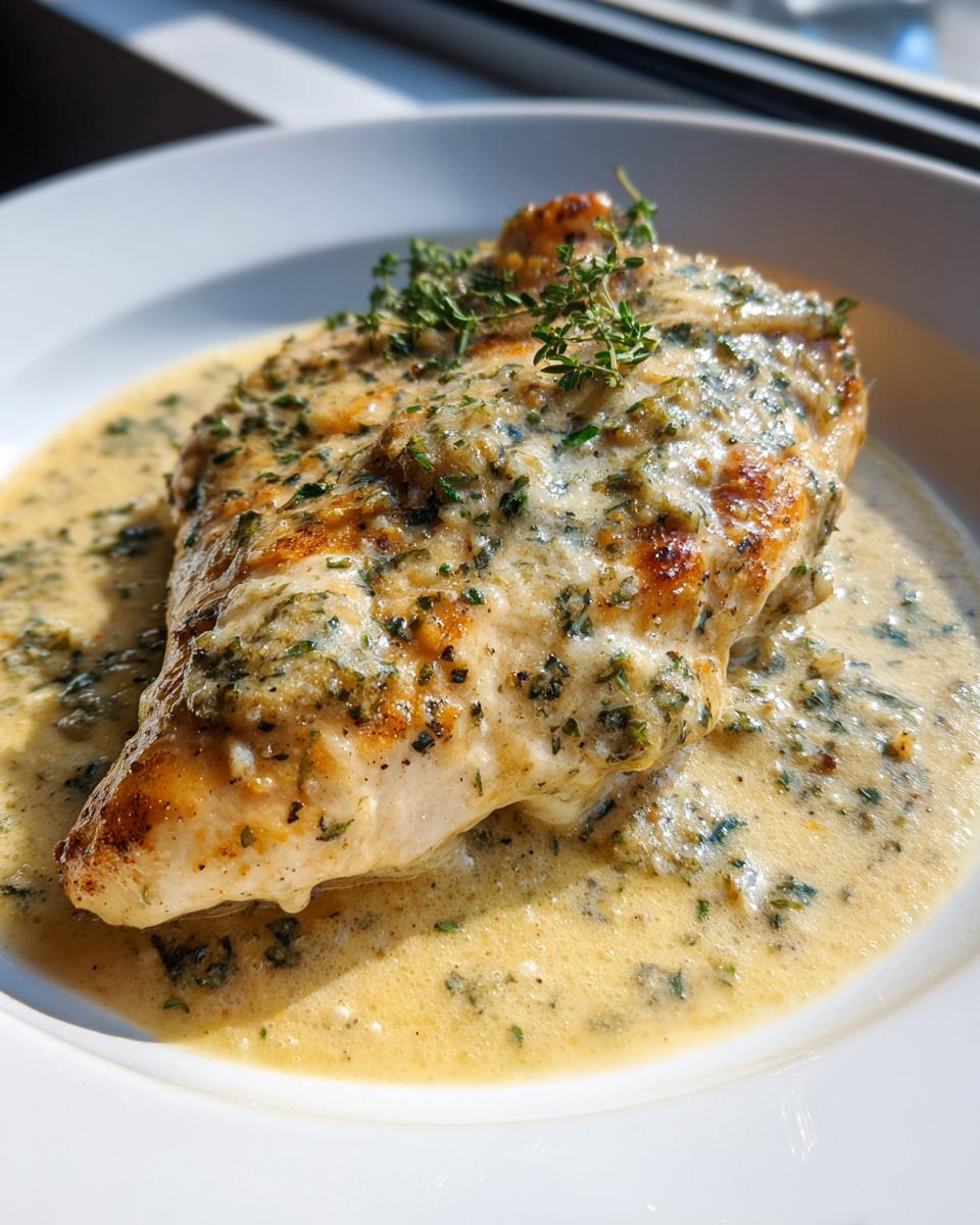 A pan-seared chicken breast covered in a rich, creamy lemon sauce and garnished with fresh thyme.