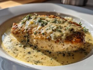 A close-up of a seared chicken breast smothered in a rich, creamy lemon chicken sauce with herbs.