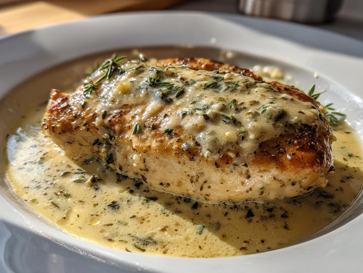 A close-up of a seared chicken breast smothered in a rich, creamy lemon chicken sauce with herbs.