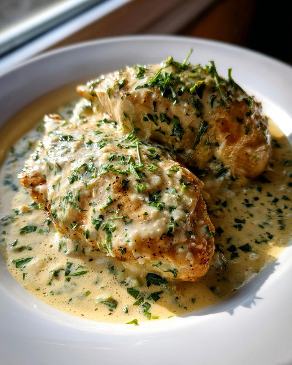 Two pan-seared chicken breasts smothered in a rich, creamy lemon sauce topped with fresh chopped parsley.
