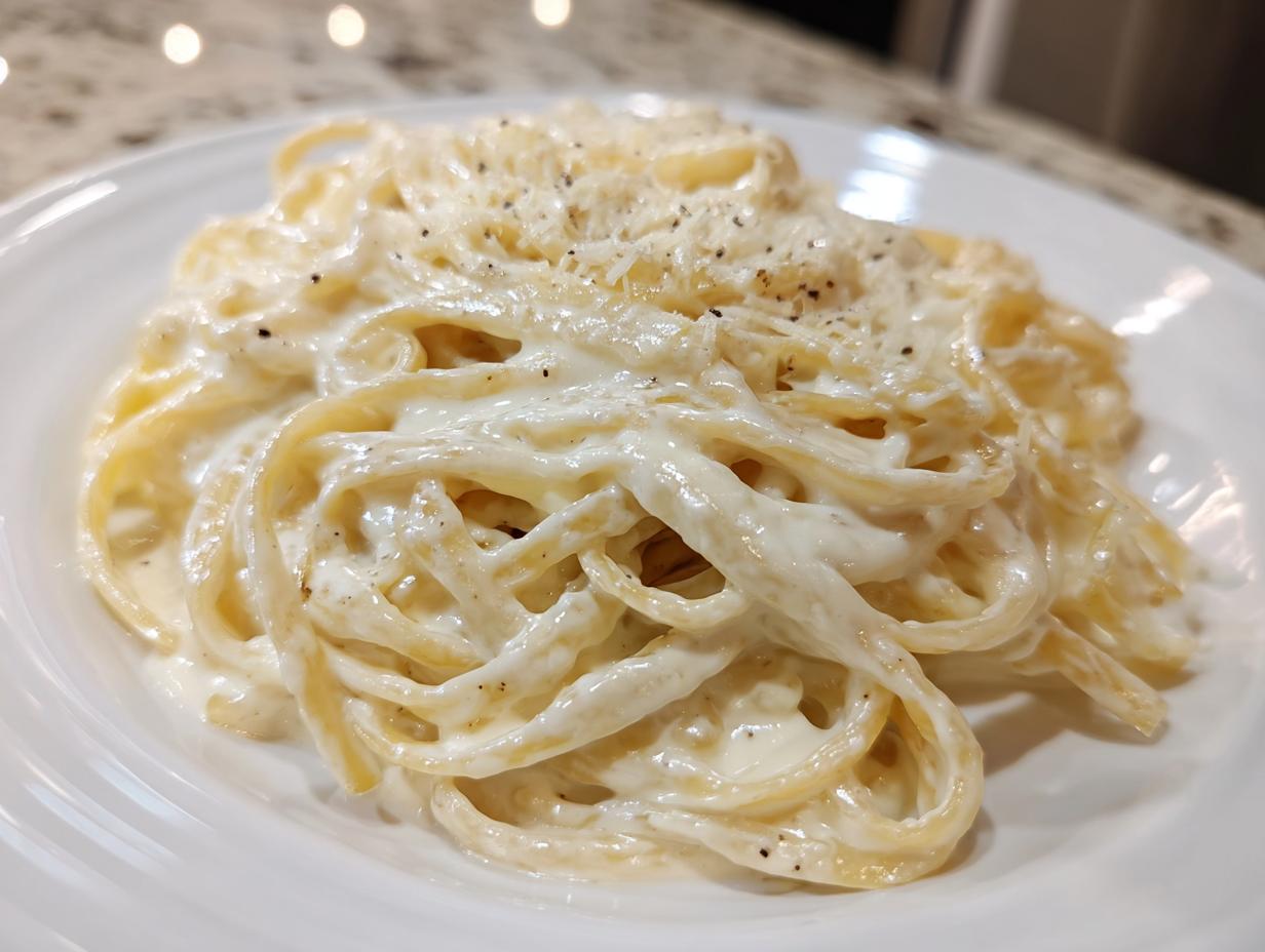 Close-up of fettuccine pasta generously coated in creamy homemade alfredo sauce, topped with black pepper.