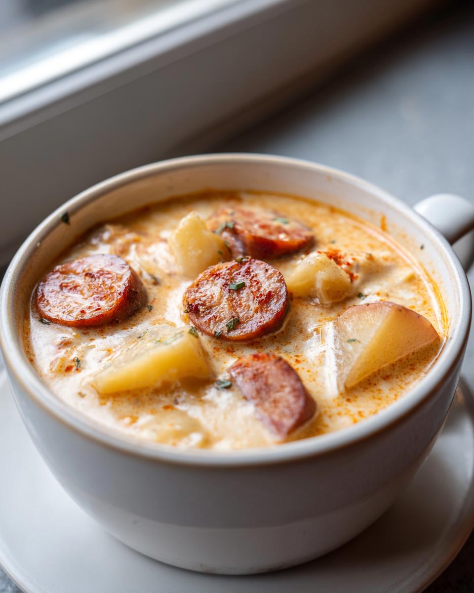 Close-up of a creamy potato and sausage chowder, featuring thick slices of browned sausage and chunks of potato.