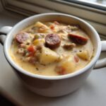 Close-up of a hearty bowl of creamy potato and sausage chowder, featuring chunks of potato and sliced smoked sausage.