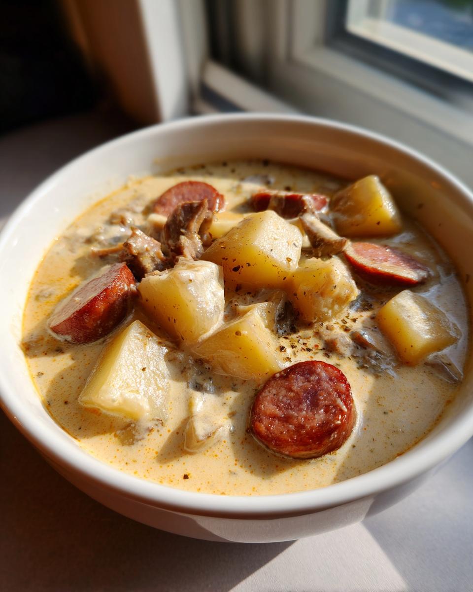 Close-up of creamy potato and sausage chowder with chunks of potato and sliced smoked sausage.