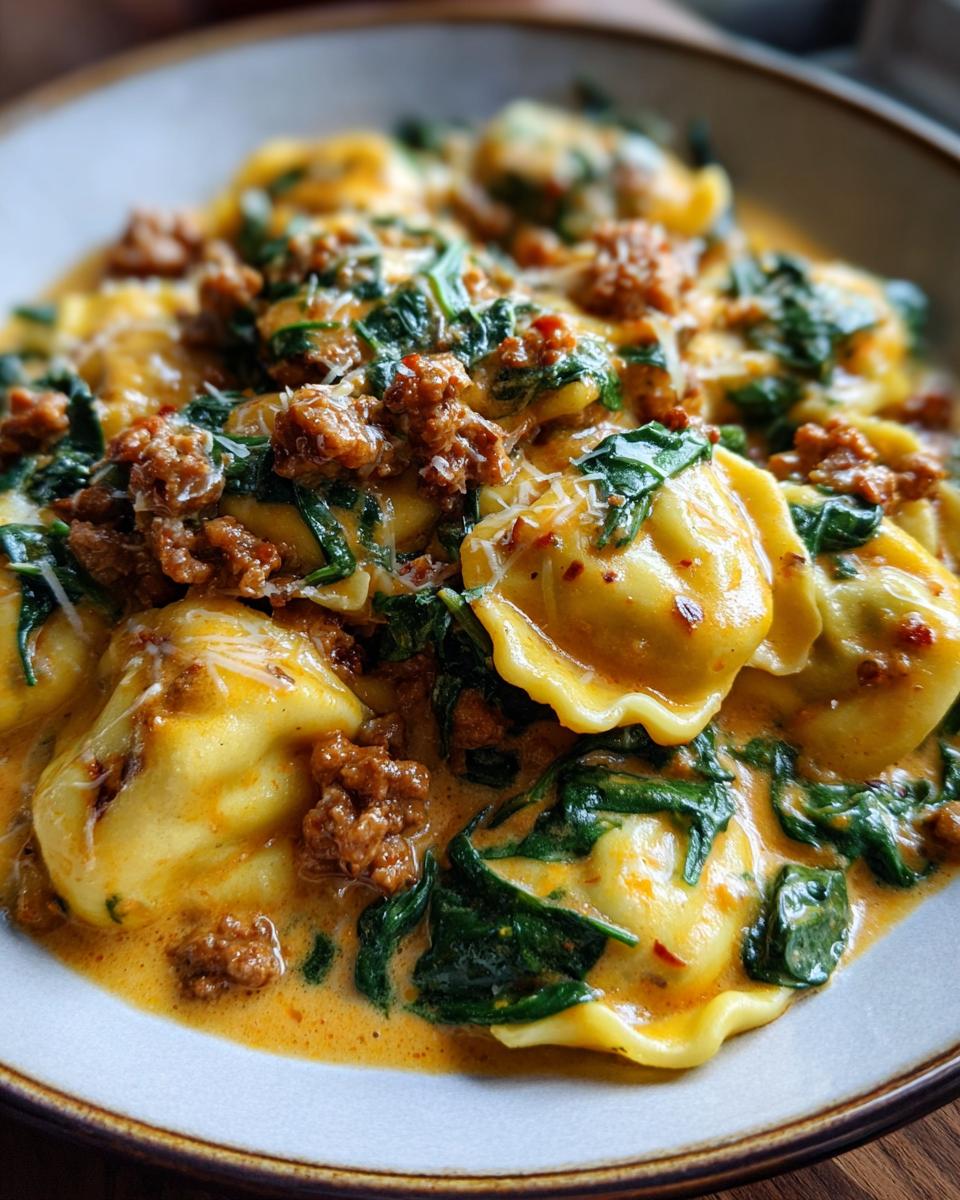 Close-up of creamy ravioli soup with sausage crumbles, wilted spinach, and grated cheese.