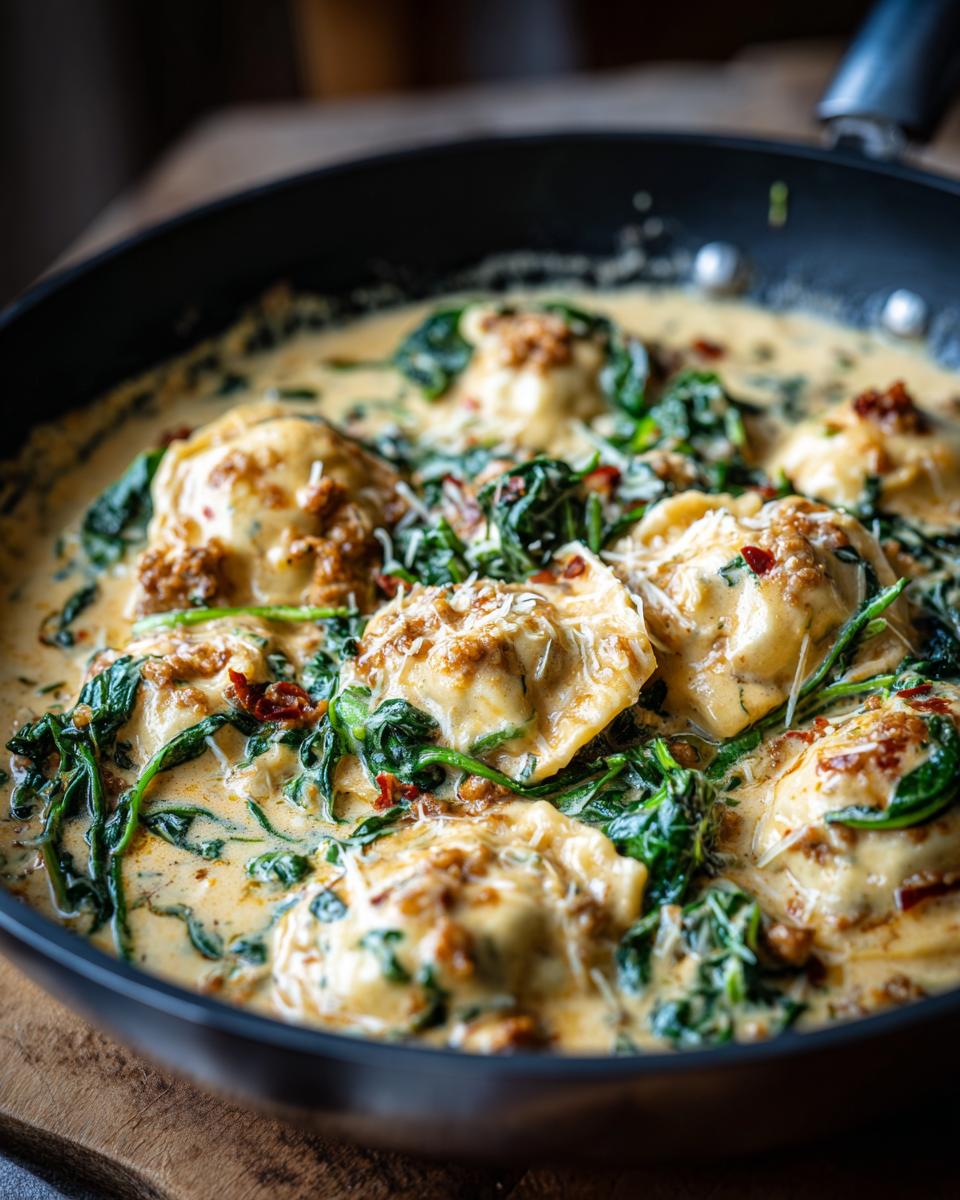 Close-up of ravioli in a creamy sauce with wilted spinach, part of a delicious ravioli soup recipe.