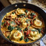 Close-up of creamy ravioli soup with spinach and sausage in a black skillet, showcasing the rich sauce.