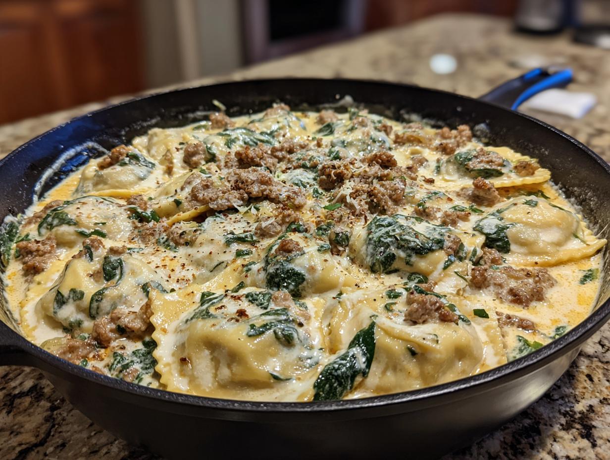 A close-up of creamy ravioli soup with sausage and spinach served hot in a black cast iron skillet.