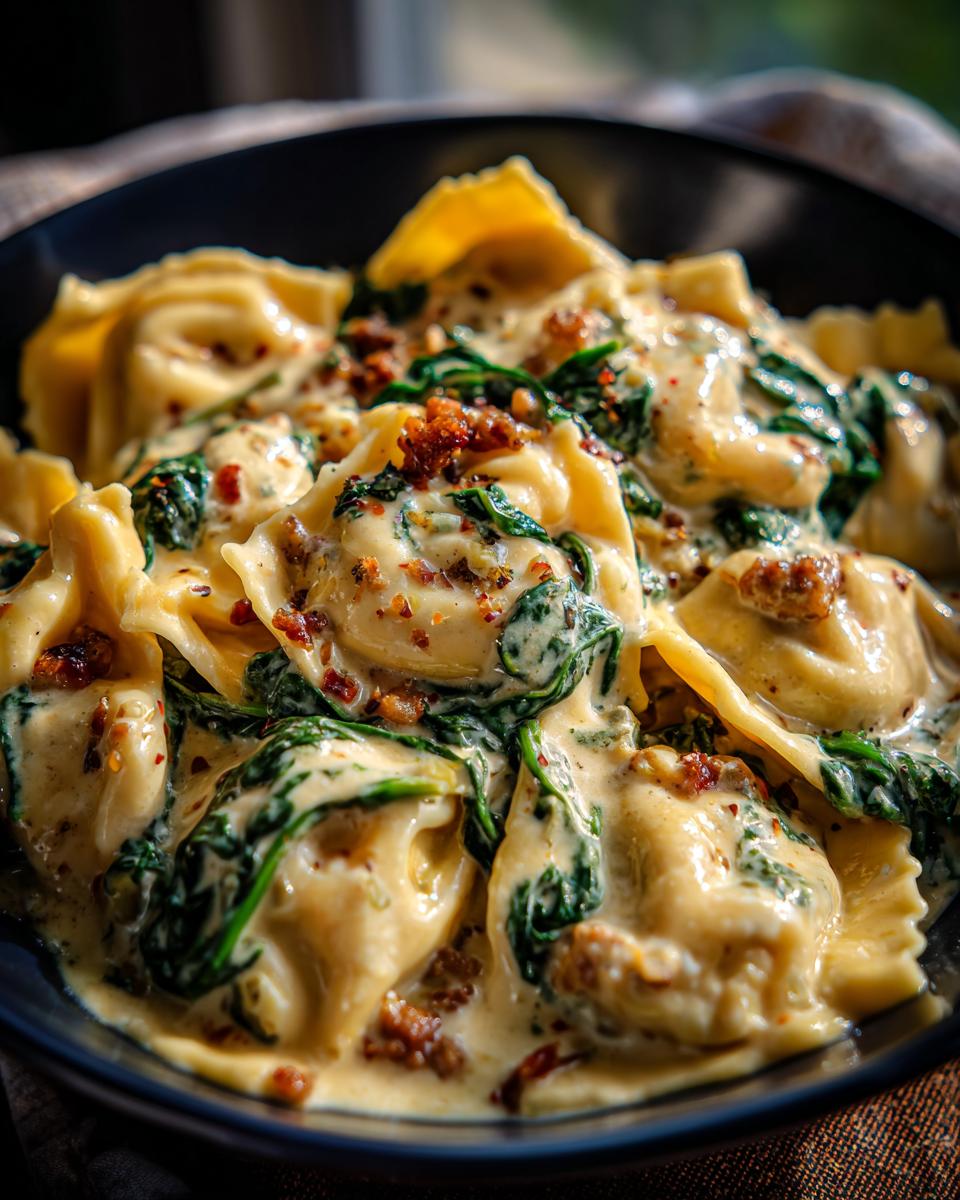 Close-up of creamy ravioli soup featuring pasta pockets, wilted spinach, and browned sausage bits in a dark bowl.