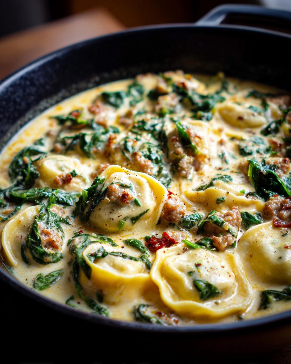 Close-up of creamy ravioli soup featuring tortellini, spinach, sausage, and sun-dried tomatoes.
