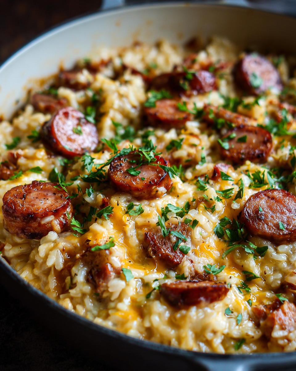 Close-up of creamy sausage and rice mixed with melted cheese and topped with fresh parsley in a dark skillet.