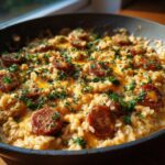 Close-up of creamy sausage and rice cooked in a skillet, topped with melted cheddar cheese and fresh parsley.