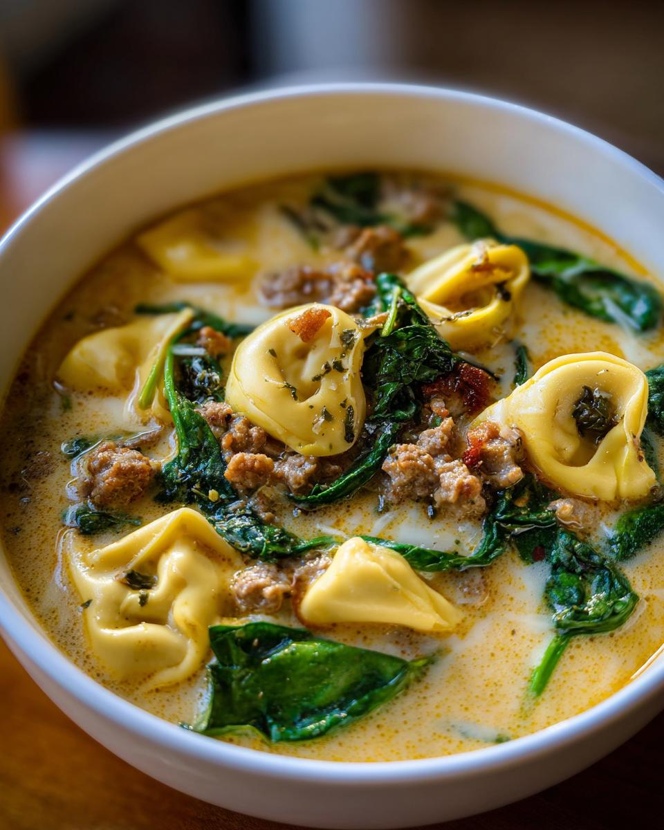 Close-up of a creamy sausage tortellini soup featuring tortellini pasta, crumbled sausage, and wilted spinach in a white bowl.