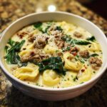 A close-up of creamy sausage tortellini soup topped with crumbled sausage, spinach, and Parmesan cheese.