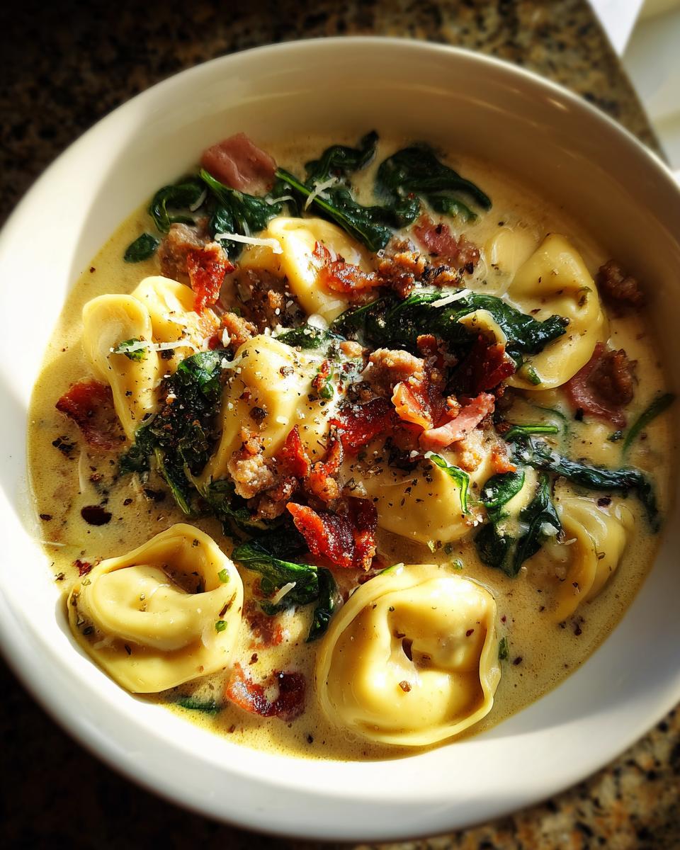 A close-up of creamy sausage tortellini soup, featuring tortellini, spinach, crumbled sausage, and bacon bits.